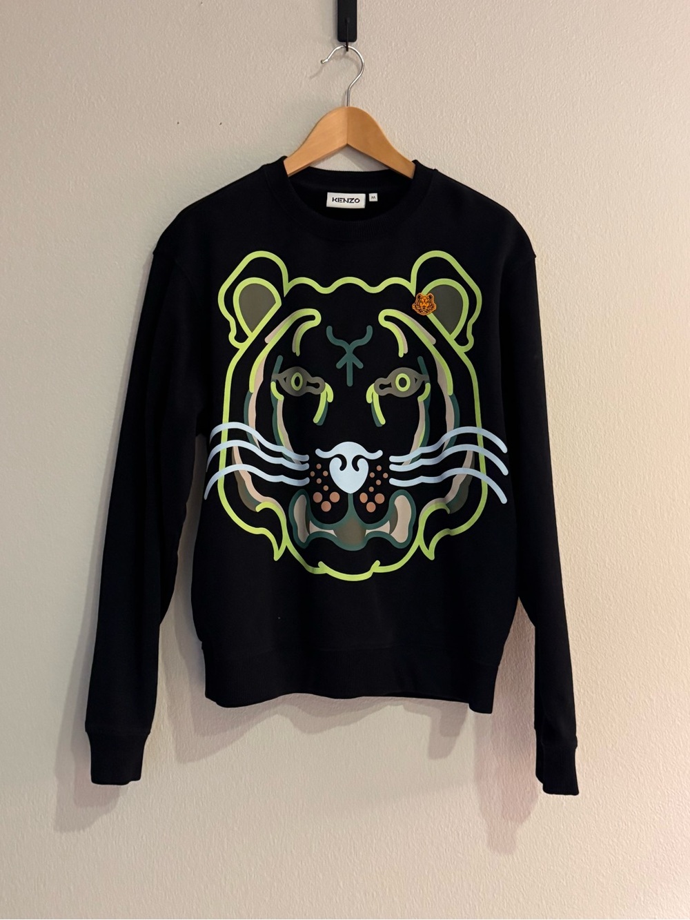 KENZO Black Crewneck Sweatshirt with Neon Tiger Graphic